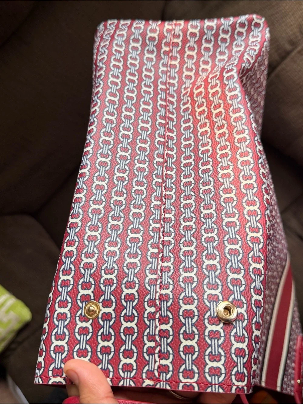 Tory Burch Red Patterned Tote with Center Stripe Accent